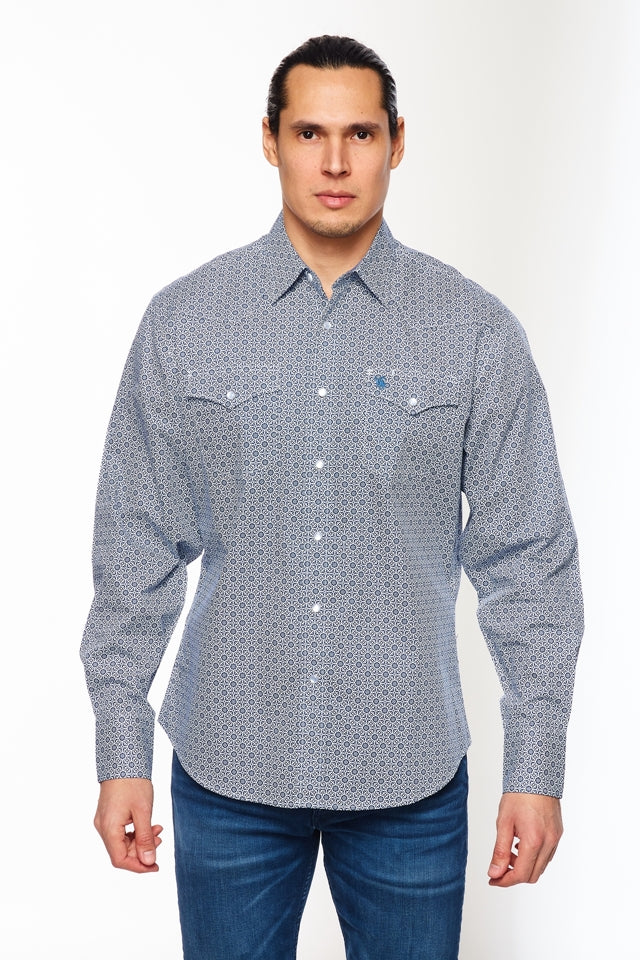 WESTERN Camisas occidentales de manga larga con estampado de algodón y botones a presión para hombre