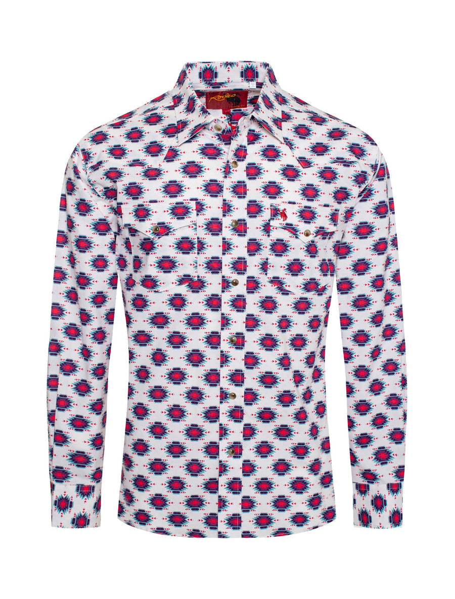 Men's Casual Long Sleeve Western Pearl Snap Button Print Shirt