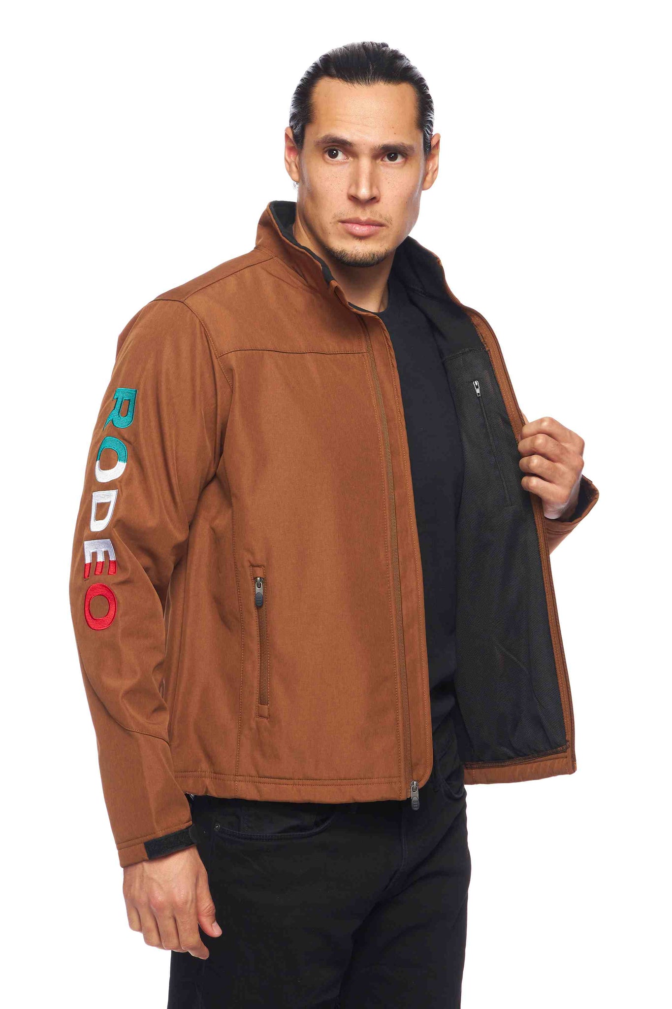 Men's Soft Shell Bonded Jacket With Rodeo Embroidery-Cognac-BLK
