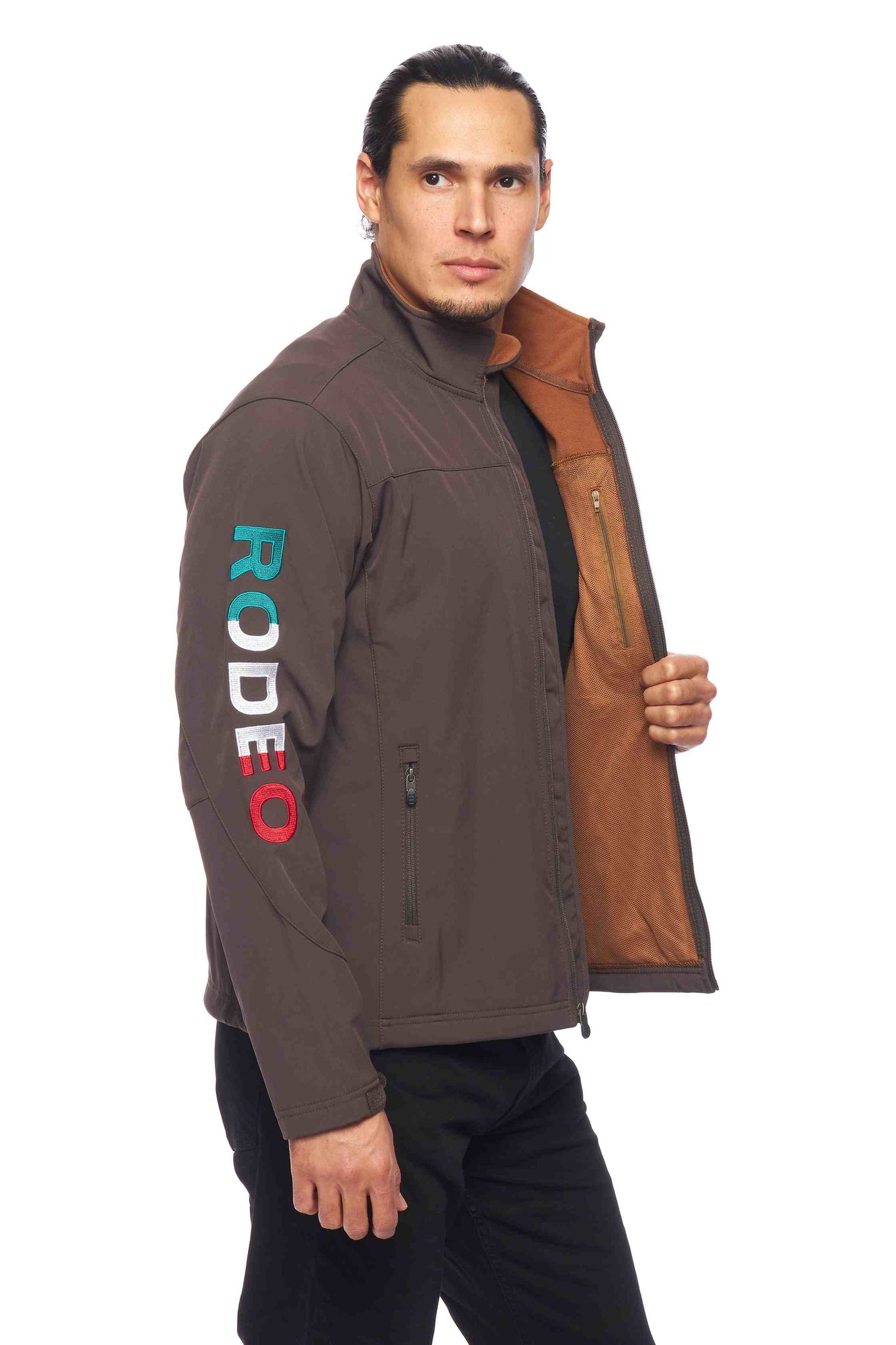Men's Soft Shell Bonded Jacket With Rodeo Embroidery-Brown-Cognac