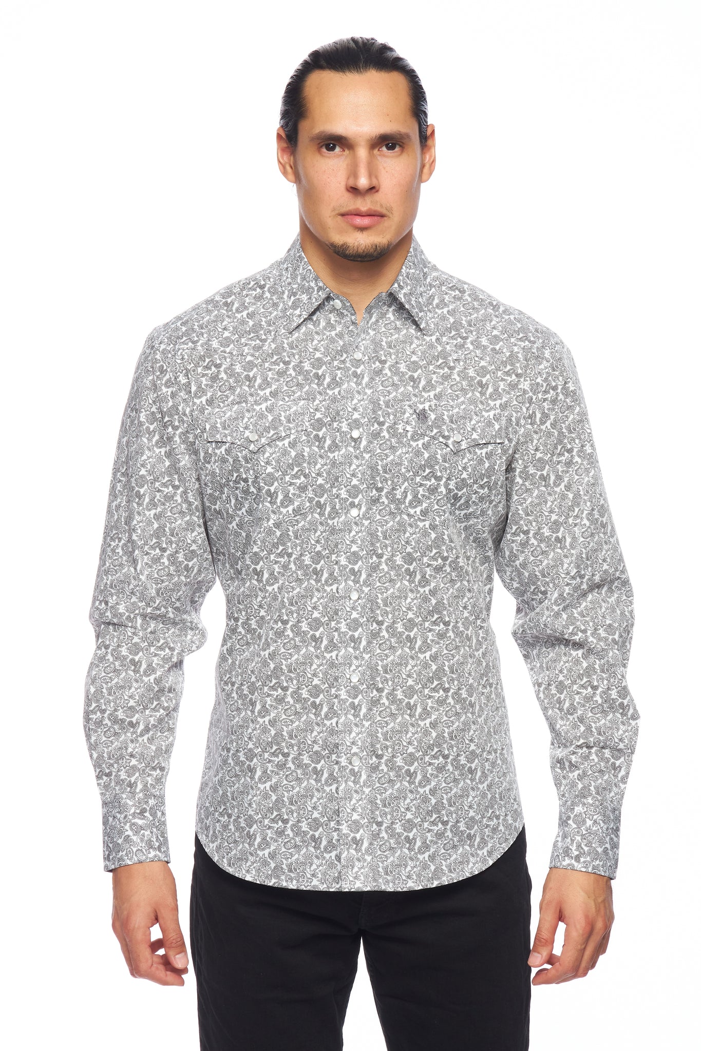 Camisas occidentales con estampado de algodón de manga larga y botones a presión para hombre
