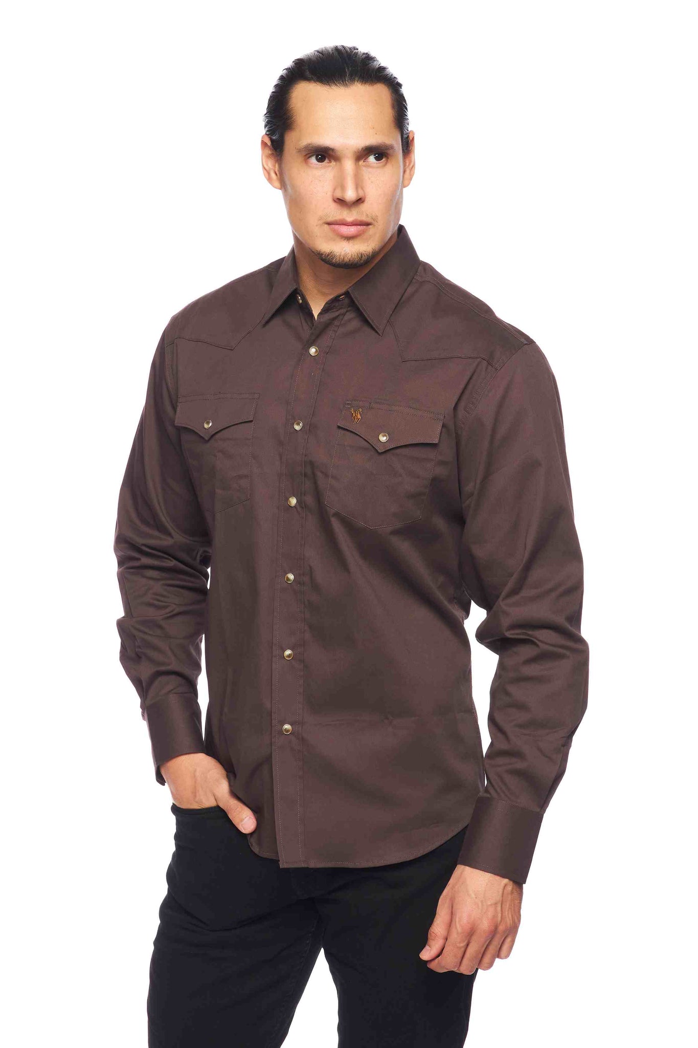 Camisas occidentales sólidas de sarga de algodón de manga larga para hombre con botones a presión