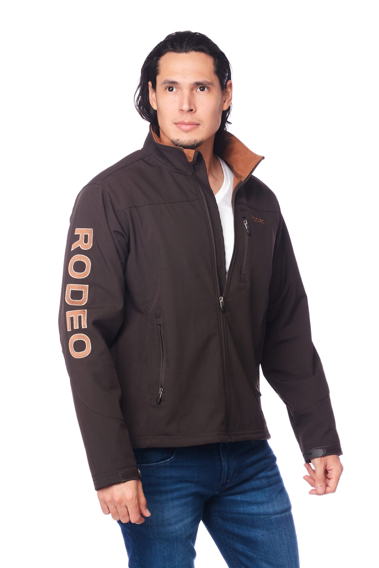  Men's High-Quality Soft Shell Bonded Jacket With Contrast Fleeceand Rodeo Embroidery-BROWN-COGNAC