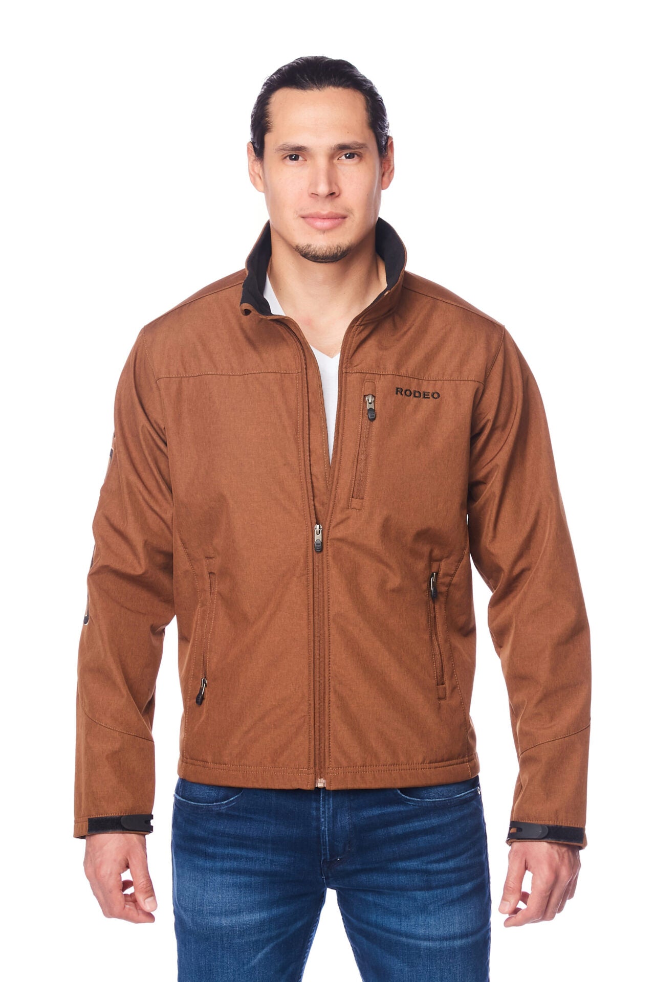  Men's High-Quality Soft Shell Bonded Jacket With Contrast Fleeceand Rodeo Embroidery-COGNAC-BLACK