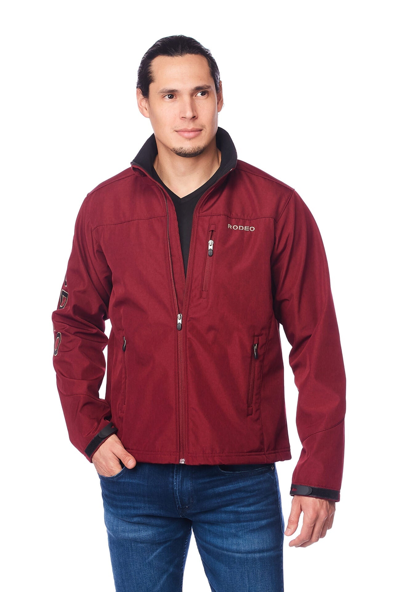 Men's High-Quality Soft Shell Bonded Jacket With Contrast Fleeceand Rodeo Embroidery-BURG-BLACK