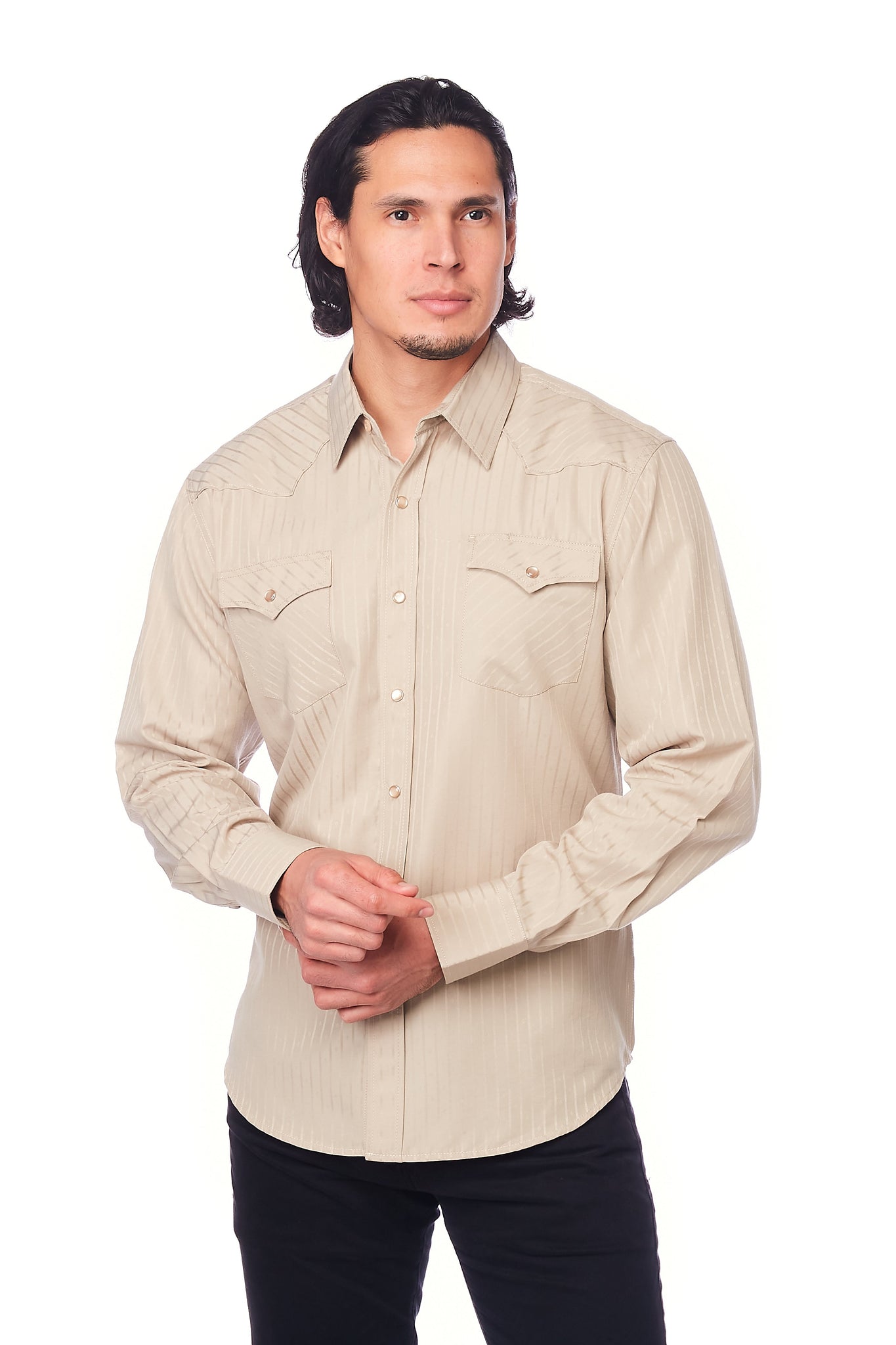 Men's long-sleeved western cotton/poly yarn-dyed plain shirts with snap buttons. -BEIGE