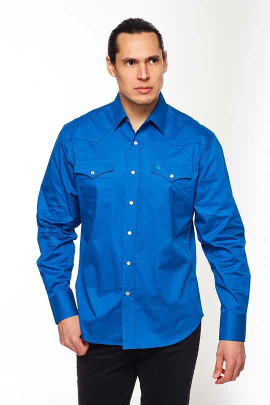 Men's Long-Sleev 100% Cotton Twill Solid Western Shirts With Snap Buttons-ROYAL - Rodeo Clothing Store