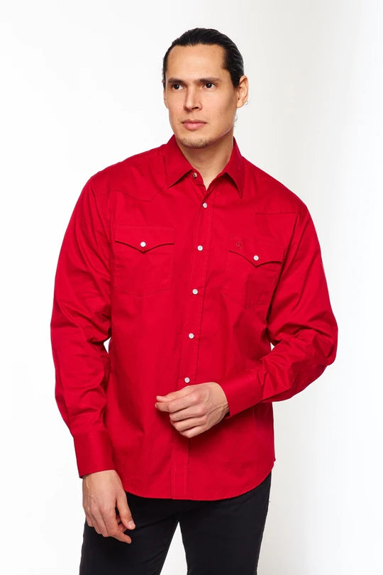 Men's Long-Sleev 100% Cotton Twill Solid Western Shirts With Snap Buttons-RED - Rodeo Clothing Store