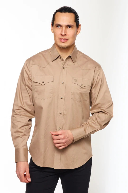 Men's Long-Sleev 100% Cotton Twill Solid Western Shirts With Snap Buttons-KHAKI - Rodeo Clothing Store