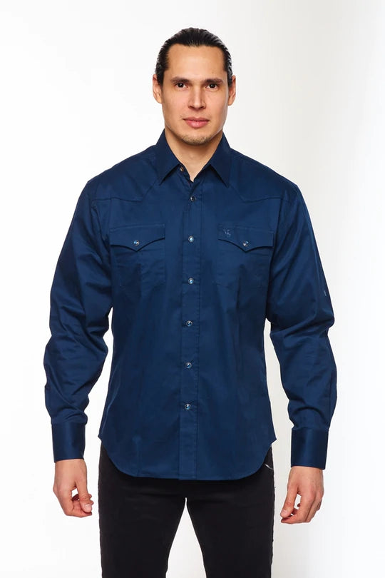 Men's Long-Sleev 100% Cotton Twill Solid Western Shirts With Snap Buttons-NAVY - Rodeo Clothing Store