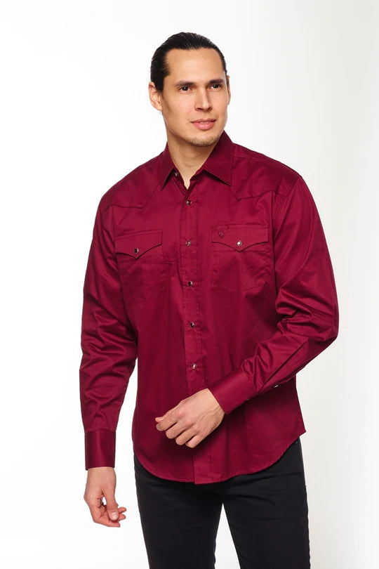 Men's Long-Sleev 100% Cotton Twill Solid Western Shirts With Snap Buttons-BURGUNDY - Rodeo Clothing Store