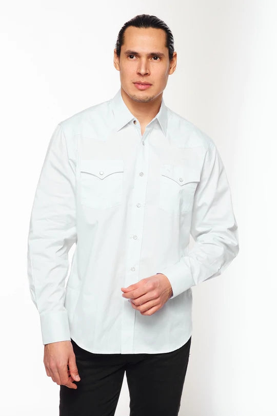 Men's Long-Sleev 100% Cotton Twill Solid Western Shirts With Snap Buttons-WHITE - Rodeo Clothing Store