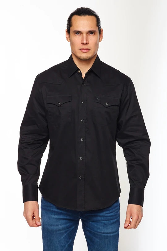 Men's Long-Sleev 100% Cotton Twill Solid Western Shirts With Snap Buttons-BLACK - Rodeo Clothing Store